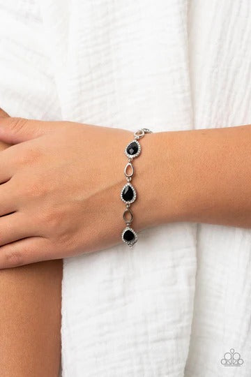 Timelessly Teary - Black Gem White Rhinestones Silver Clasp Bracelet