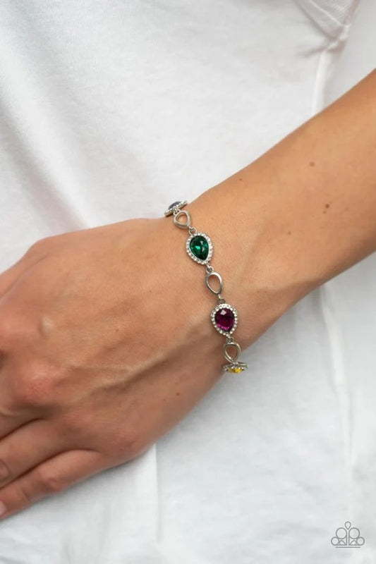 Timelessly Teary - Multi Colored Gem and White Rhinestones Silver Clasp Bracelet