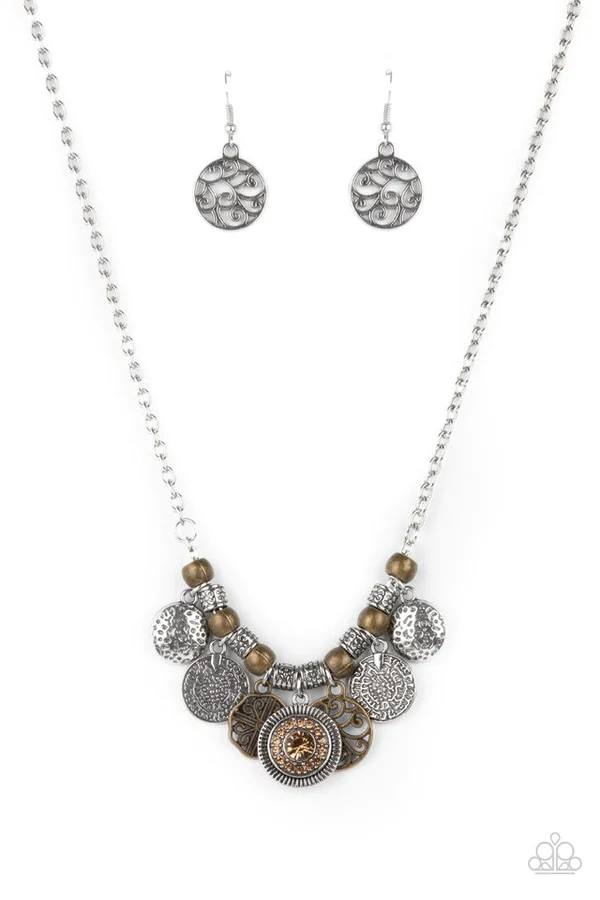 To Coin A Phrase - Brown Topaz Rhinestone Brass and Silver Disc Short Necklace