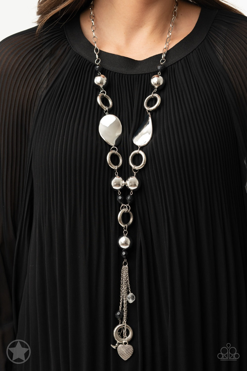 Total Eclipse of the Heart - Silver and Black Bead Charm Y Long Necklace - Blockbuster