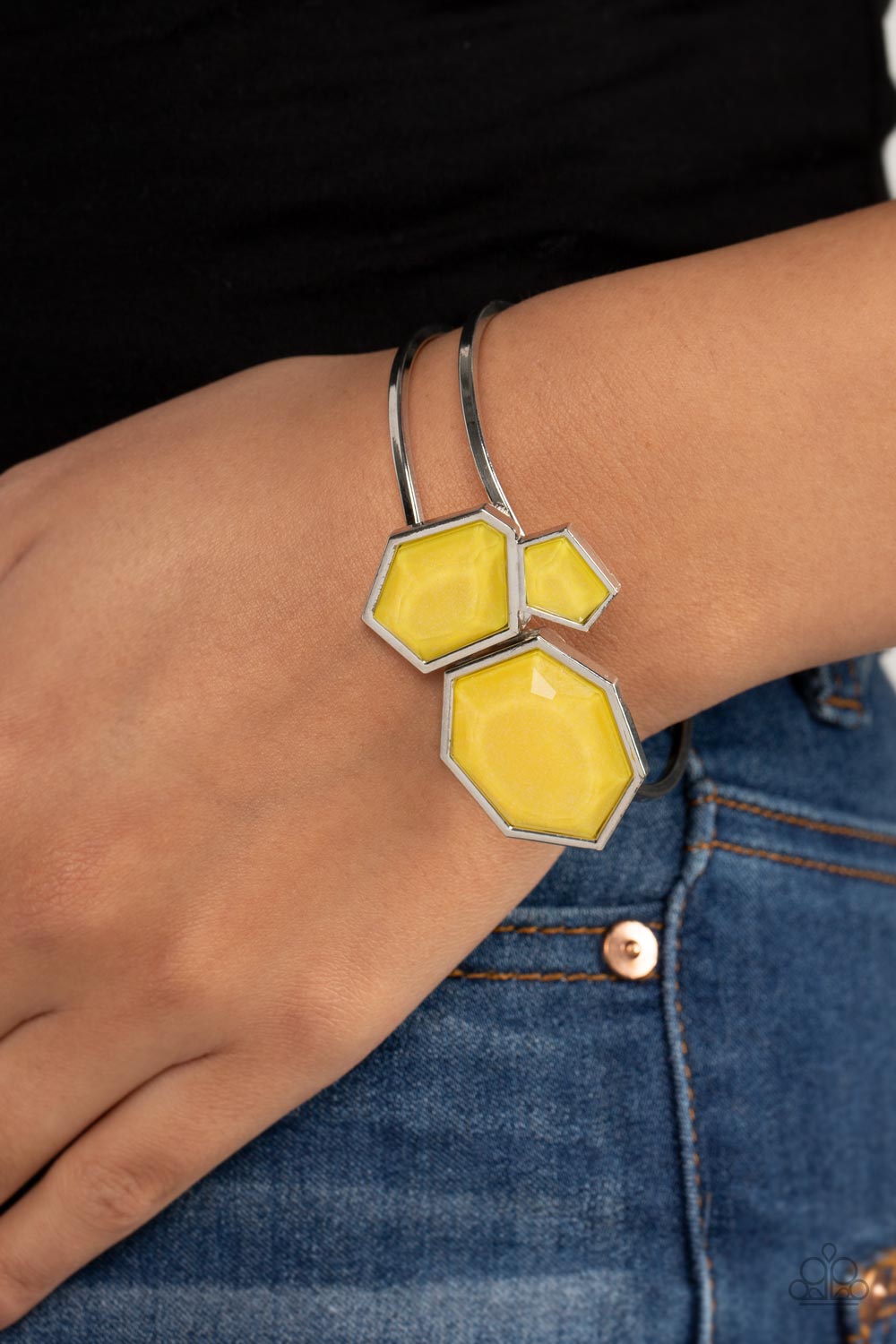 Tourist TRAPEZOID - Yellow Geometric Gem Silver Hinged Bracelet