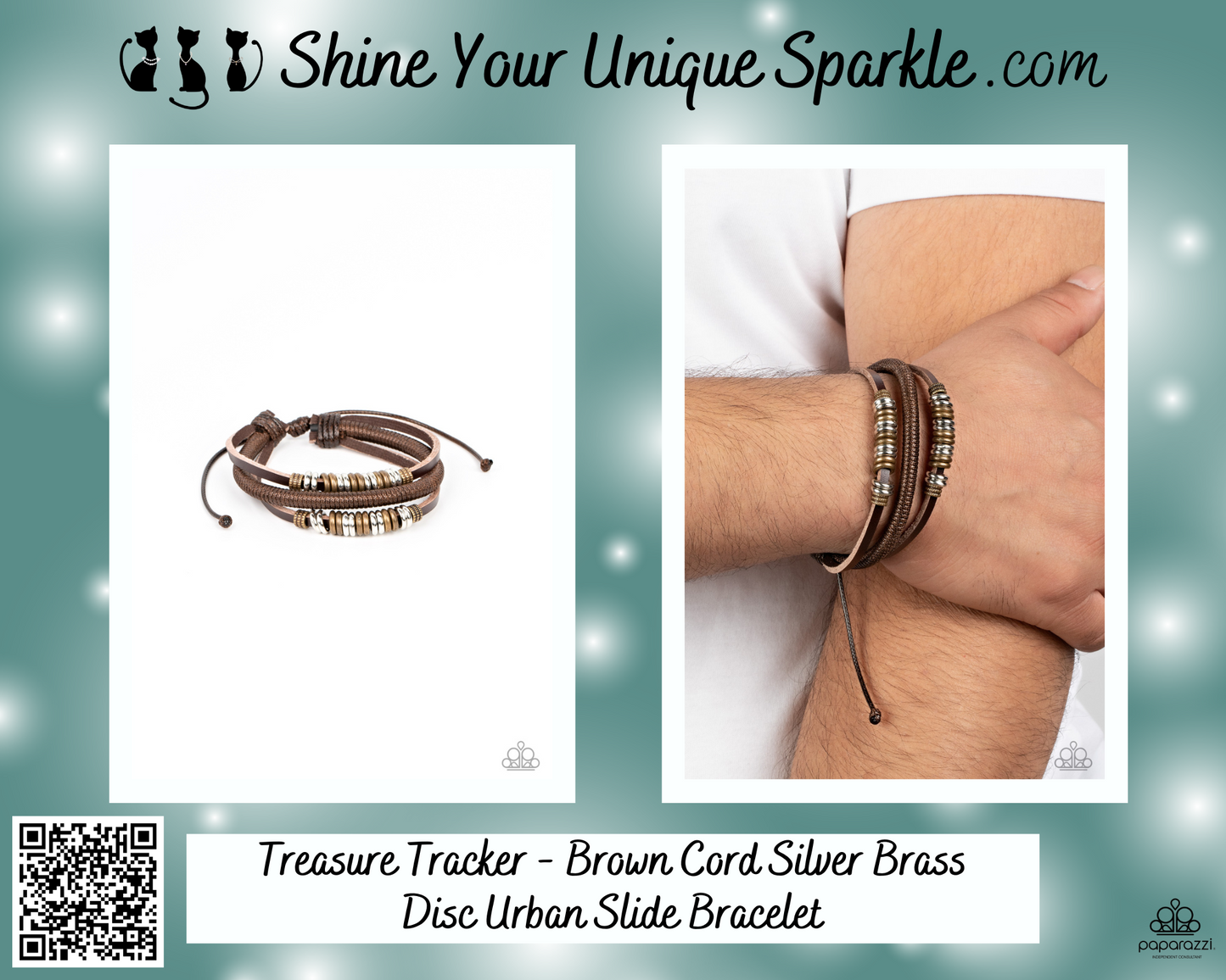 Treasure Tracker - Brown Cord Silver Brass Disc Urban Slide Bracelet