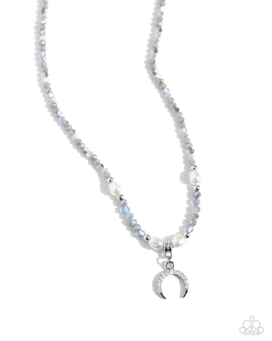 Trendy Trenchant - Silver Rhinestone Moon Iridescent Bead Pearl Short Necklace