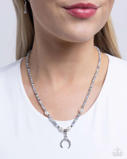 Trendy Trenchant - Silver Rhinestone Moon Iridescent Bead Pearl Short Necklace