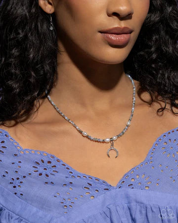 Trendy Trenchant - Silver Rhinestone Moon Iridescent Bead Pearl Short Necklace