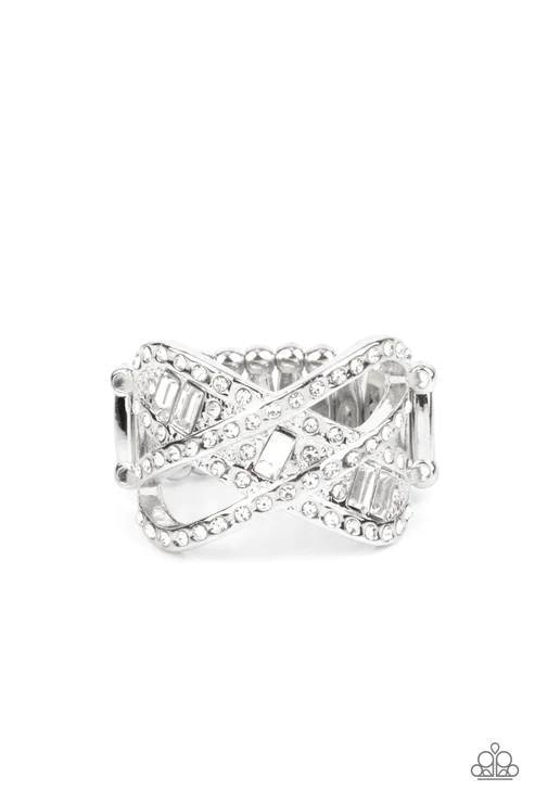 Triple Threat Twinkle - White Rhinestone Silver Ring