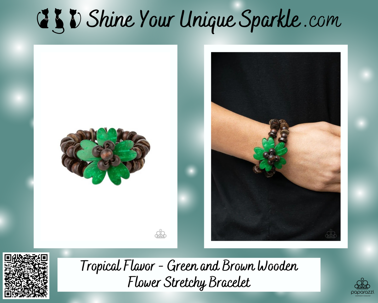 Tropical Flavor - Green and Brown Wooden Flower Stretchy Bracelet