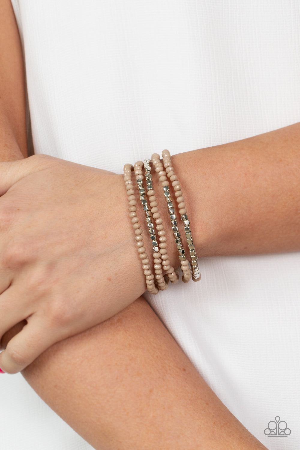 Tulum Trek - Brown and Silver Bead Petite Stretchy Bracelet Set