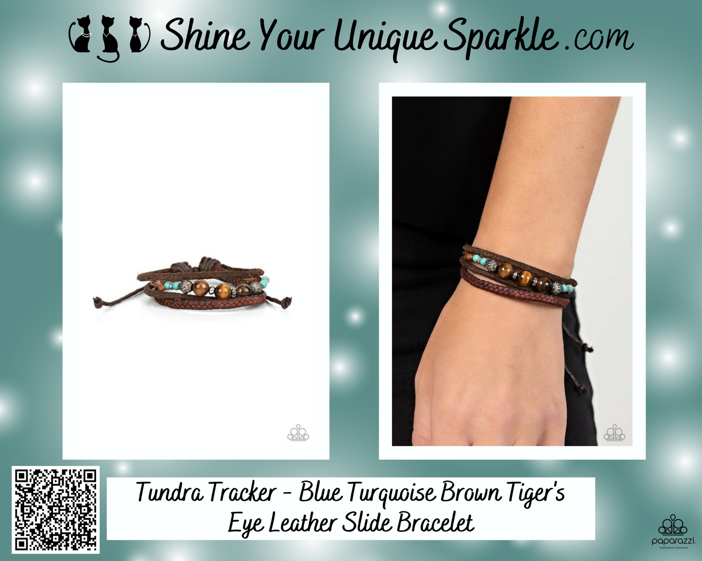 Tundra Tracker - Blue Turquoise Brown Tiger's Eye Leather Slide Bracelet