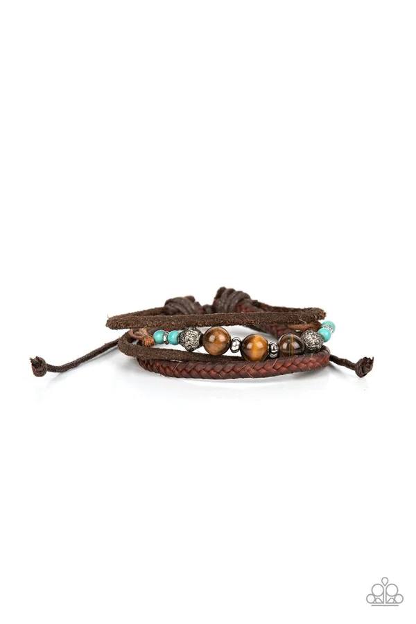 Tundra Tracker - Blue Turquoise Brown Tiger's Eye Leather Slide Bracelet
