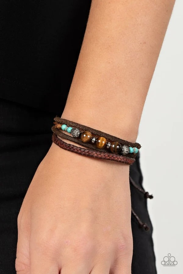 Tundra Tracker - Blue Turquoise Brown Tiger's Eye Leather Slide Bracelet