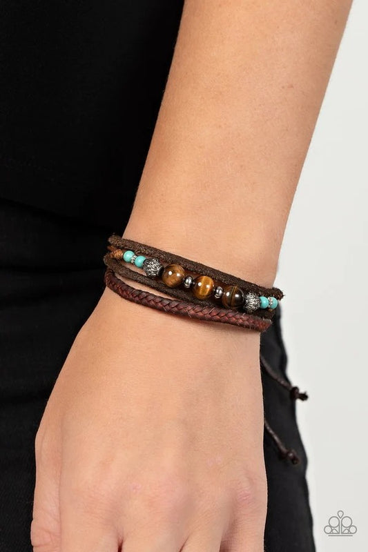 Tundra Tracker - Blue Turquoise Brown Tiger's Eye Leather Slide Bracelet