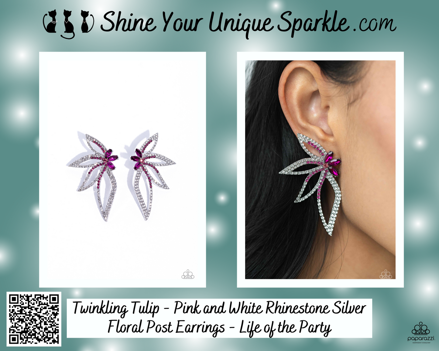 Twinkling Tulip - Pink and White Rhinestone Silver Floral Post Earrings - Life of the Party