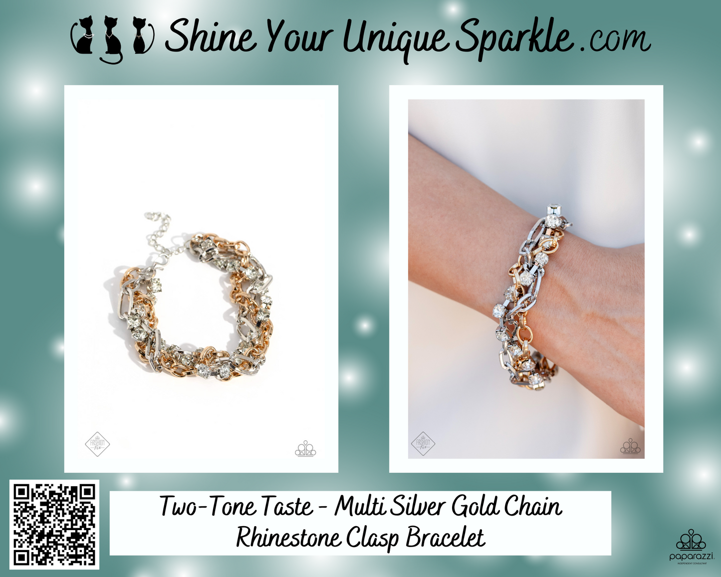 Two-Tone Taste - Multi Silver Gold Chain Rhinestone Clasp Bracelet - Fashion Fix