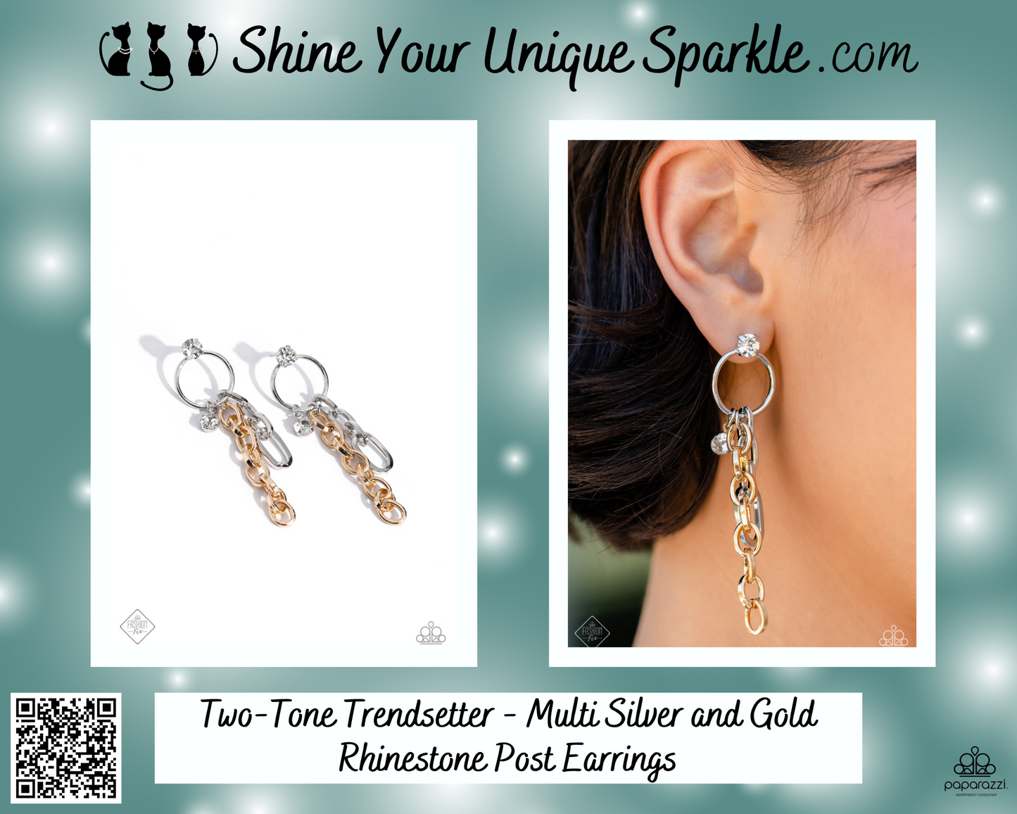 Two-Tone Trendsetter - Multi Silver and Gold Rhinestone Post Earrings - Fashion Fix