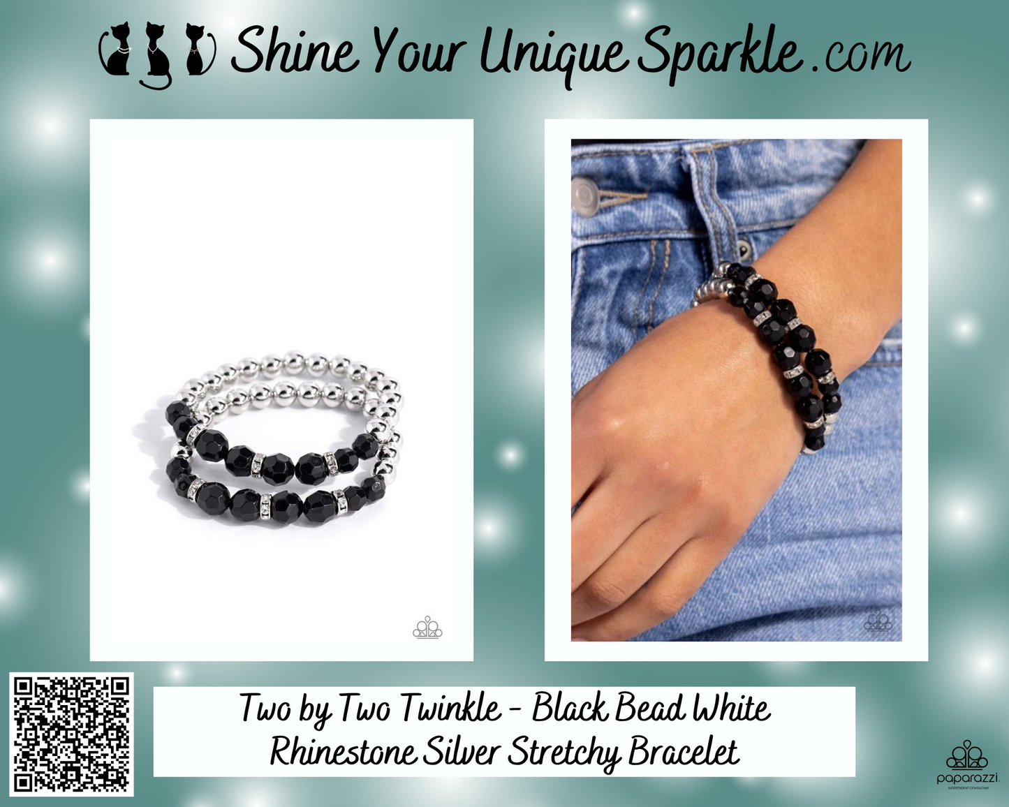 Two by Two Twinkle - Black Bead White Rhinestone Silver Stretchy Bracelet