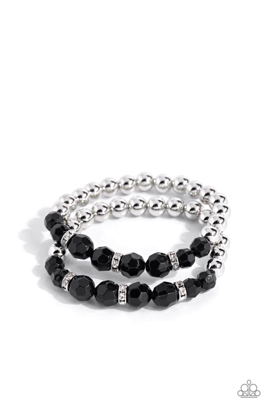 Two by Two Twinkle - Black Bead White Rhinestone Silver Stretchy Bracelet