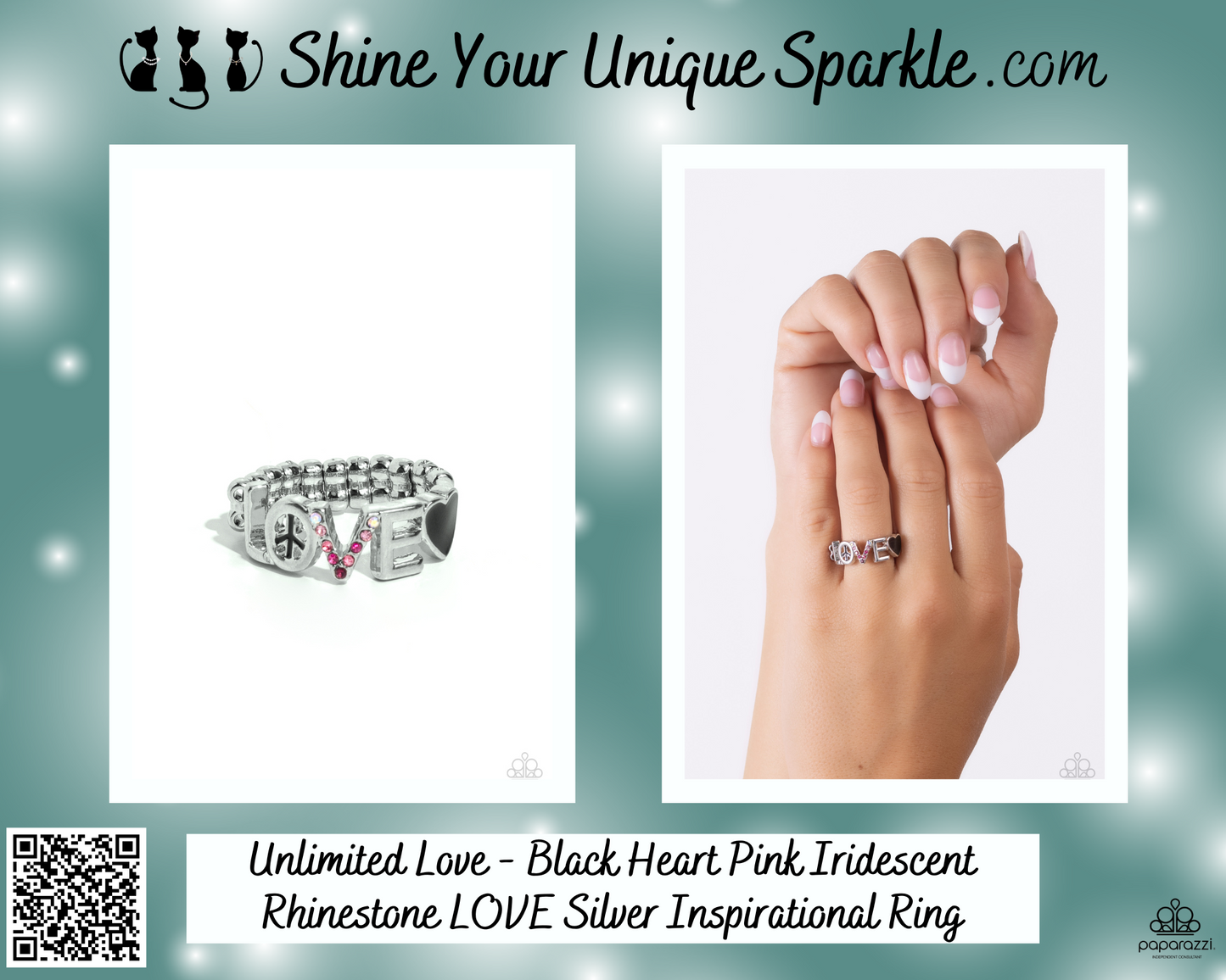 Unlimited Love - Black Heart Pink Iridescent Rhinestone LOVE Silver Inspirational Ring