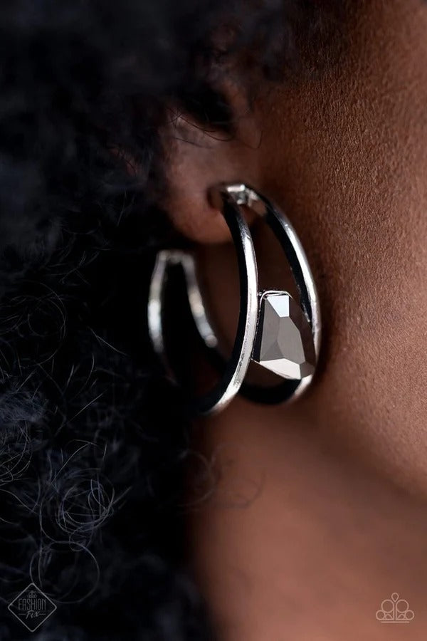 Unrefined Reverie - Silver Hematite Gem Hoop Post Earrings - Fashion Fix
