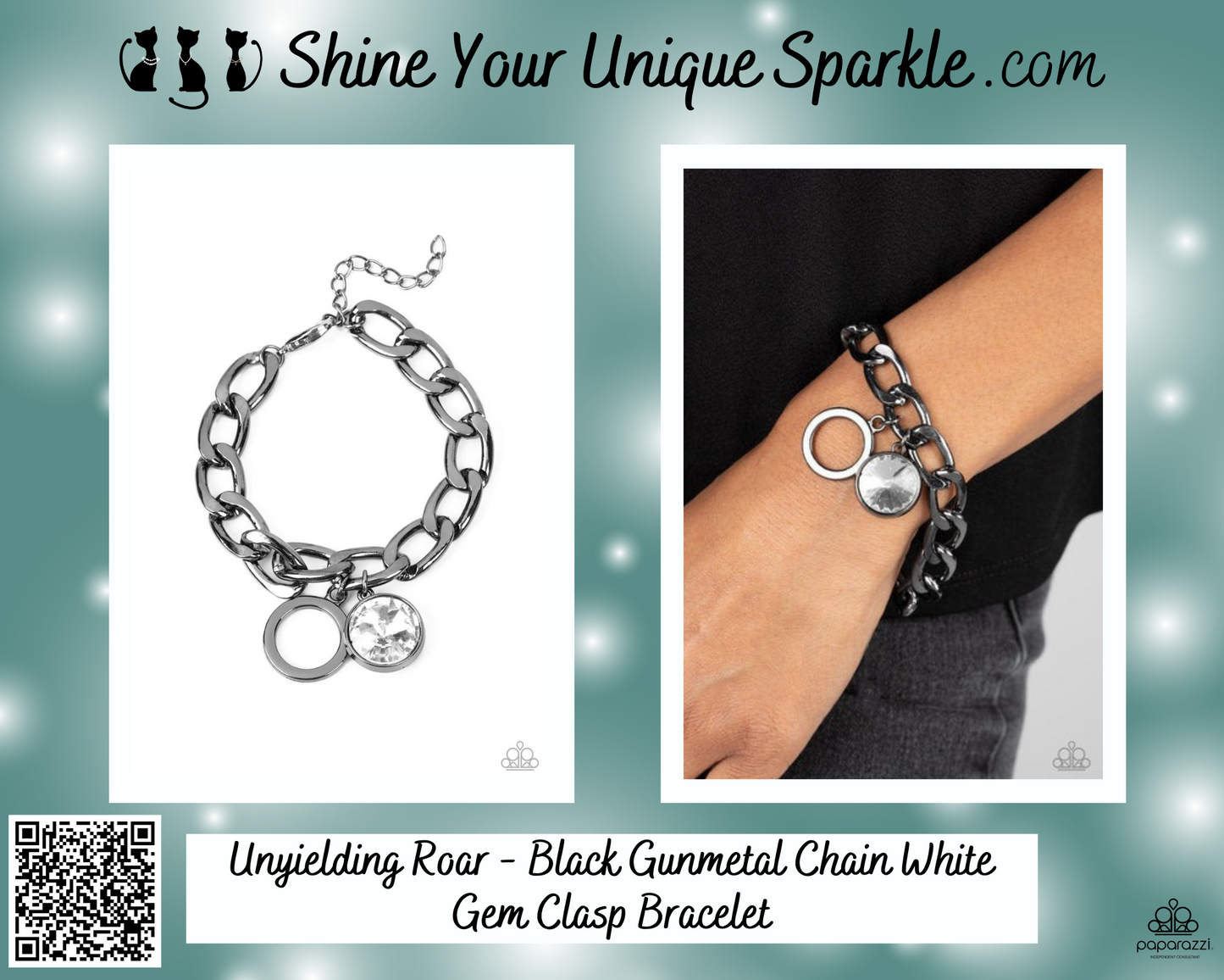Unyielding Roar - Black Gunmetal Chain White Gem Clasp Bracelet