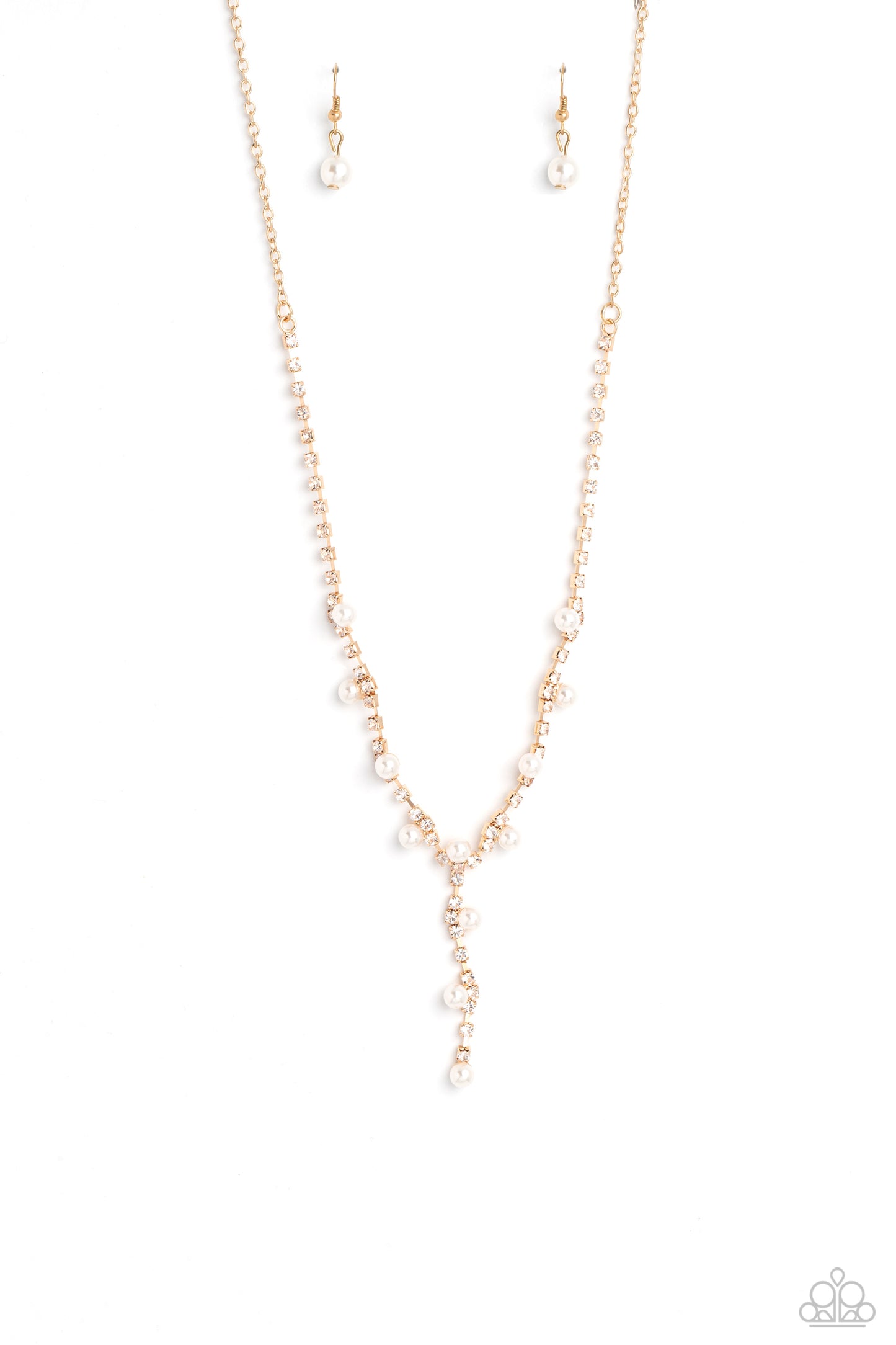Upper Class - Gold White Pearl and Rhinestone Medium Length Y Necklace