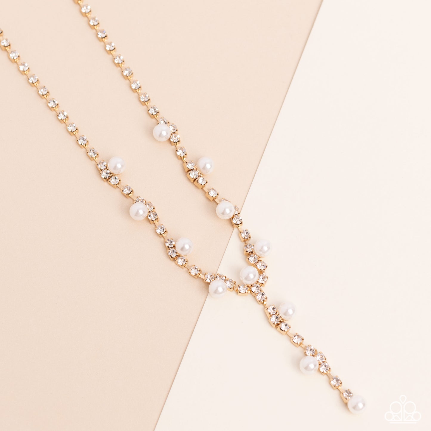 Upper Class - Gold White Pearl and Rhinestone Medium Length Y Necklace