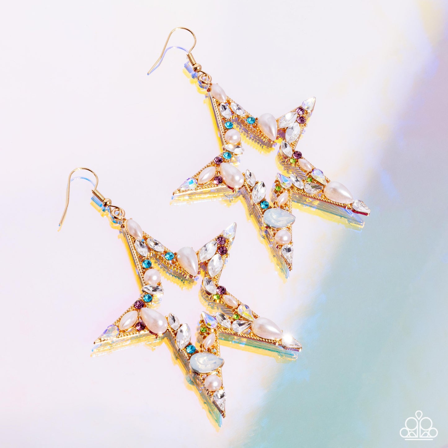 Variegated Value - Multi Color Rhonestone Gold Star Fishhook Earrings - Life of the Party