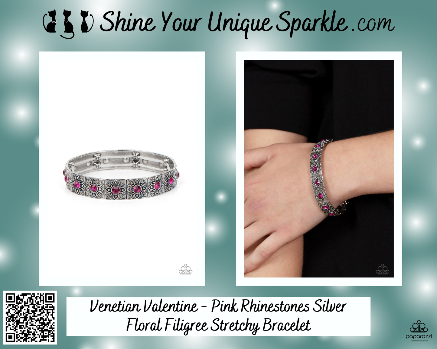 Venetian Valentine - Pink Rhinestones Silver Floral Filigree Stretchy Bracelet