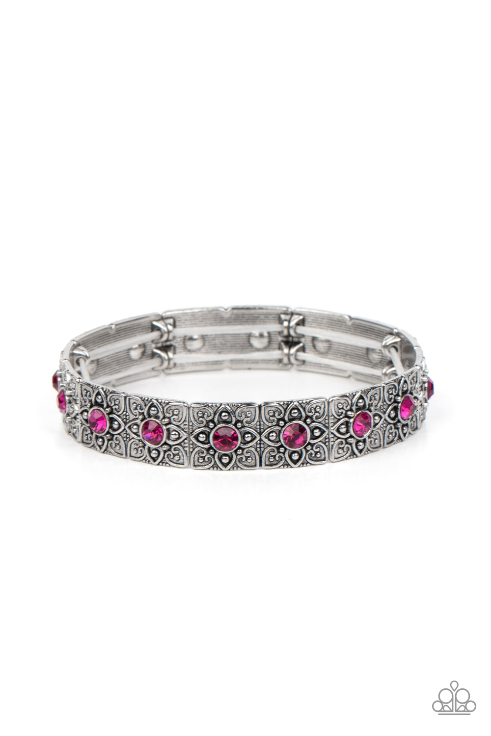 Venetian Valentine - Pink Rhinestones Silver Floral Filigree Stretchy Bracelet