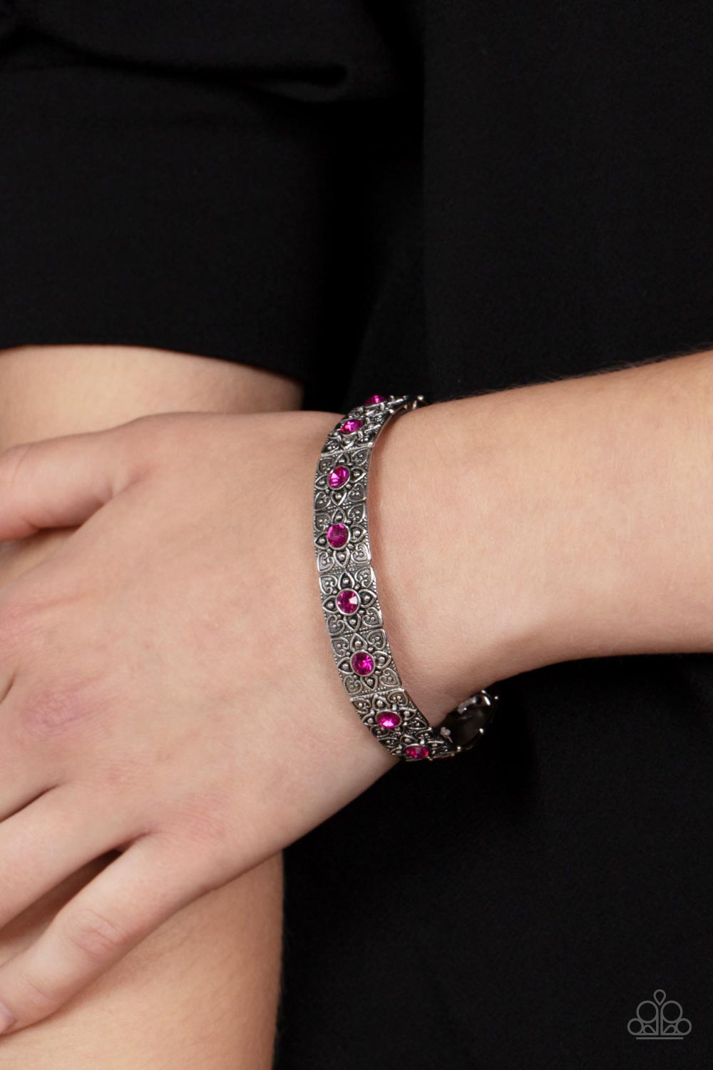 Venetian Valentine - Pink Rhinestones Silver Floral Filigree Stretchy Bracelet