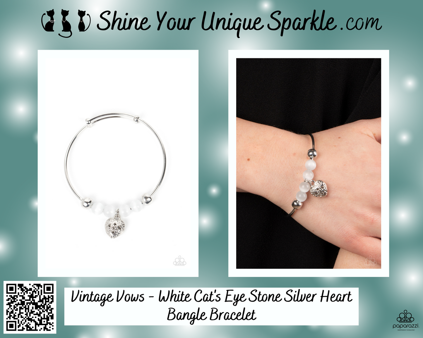 Vintage Vows - White Cat's Eye Stone Silver Heart Bangle Bracelet