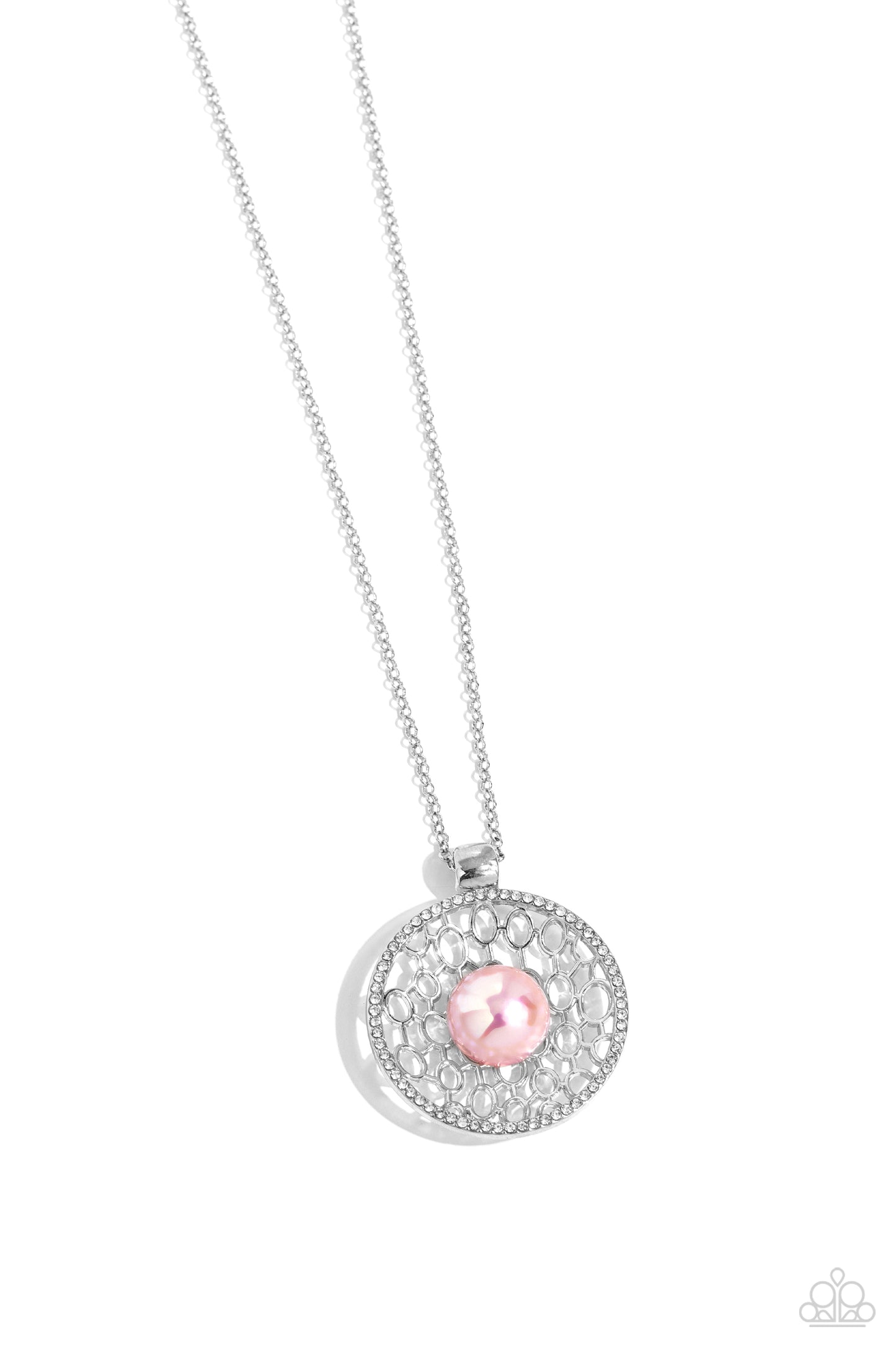 Wall Street Web - Pink Iridescent Pearl White Rhinestone Silver Long Necklace