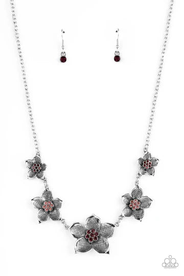 Wallflower Wonderland - Purple Rhinestone Silver Flower Short Necklace