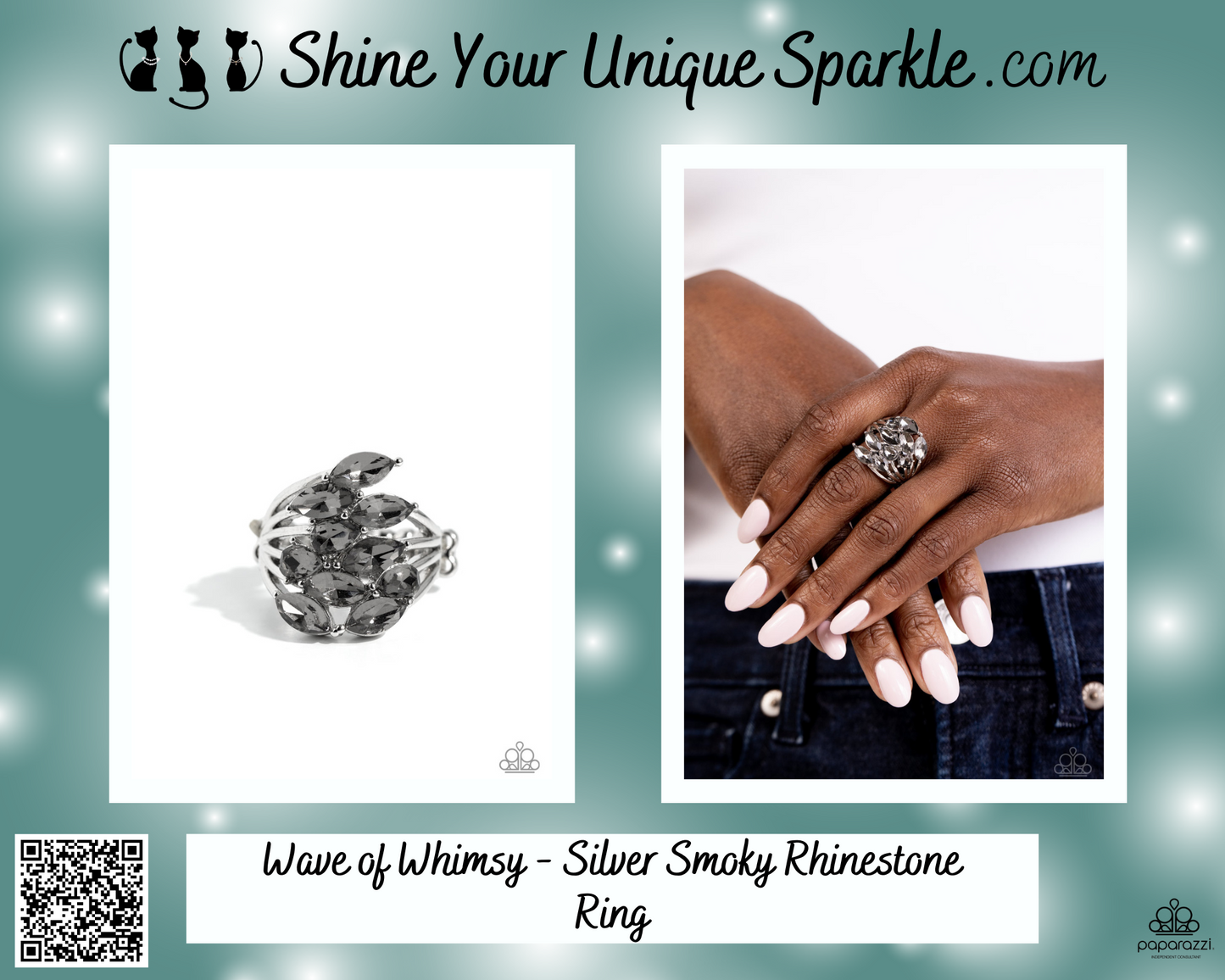 Wave of Whimsy - Silver Smoky Rhinestone Ring