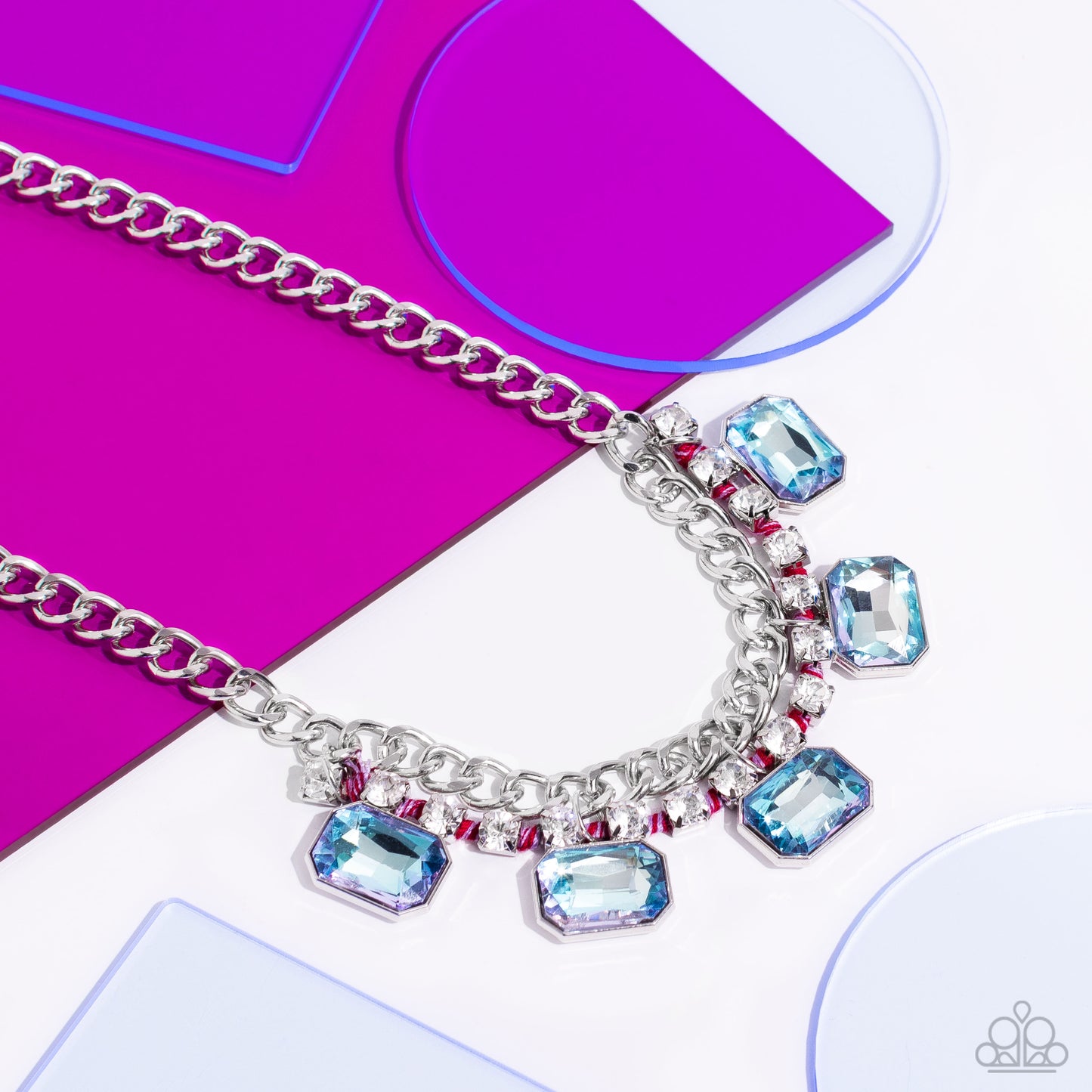 WEAVING Wonder - Multi Blue Gem White Rhinestone Pink Thread Silver Short Necklace - Life of the Party