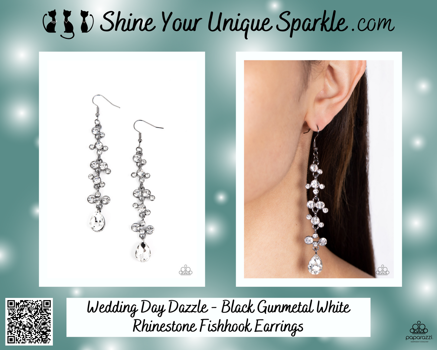 Wedding Day Dazzle - Black Gunmetal White Rhinestone Fishhook Earrings
