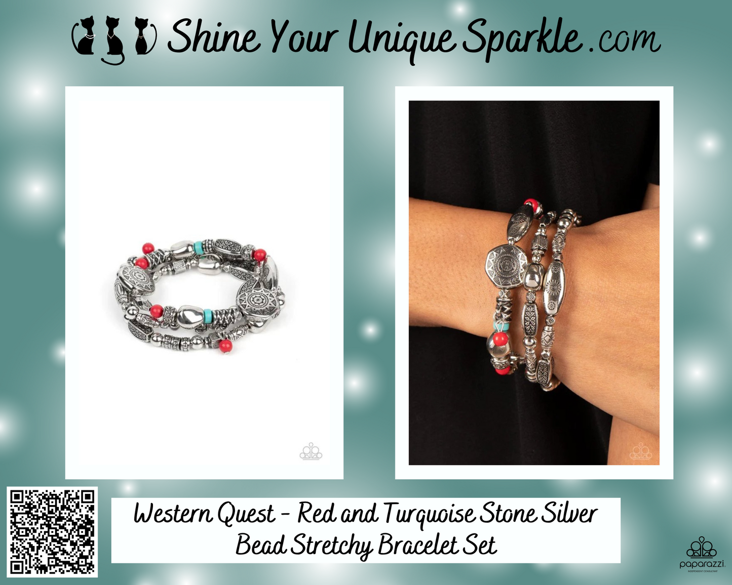 Western Quest - Red and Turquoise Stone Silver Bead Stretchy Bracelet Set