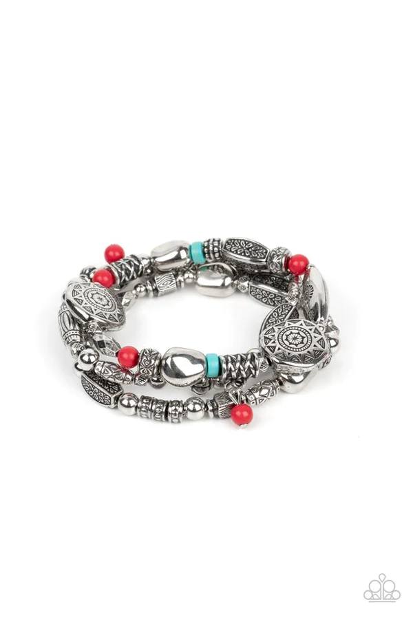 Western Quest - Red and Turquoise Stone Silver Bead Stretchy Bracelet Set