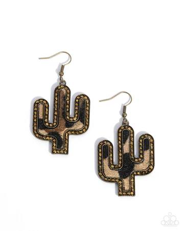 Western Worth - Brass Cactus, Cow-Printed, Aurum Rhinestones, Fishhook Earrings - Meet Your Match Exclusive
