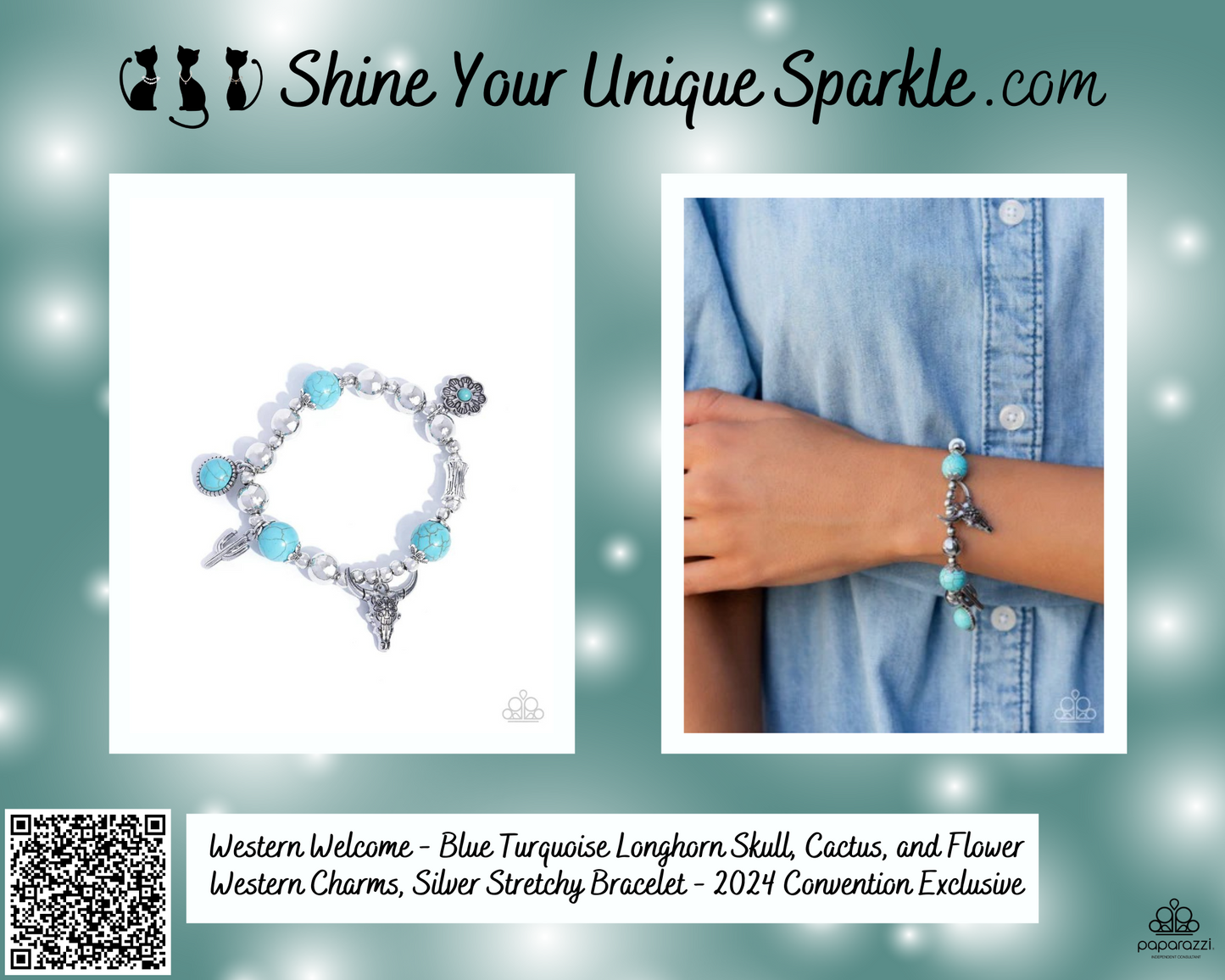 Western Welcome - Blue Turquoise Longhorn Skull, Cactus, and Flower Western Charms, Silver Stretchy Bracelet - 2024 Convention Exclusive