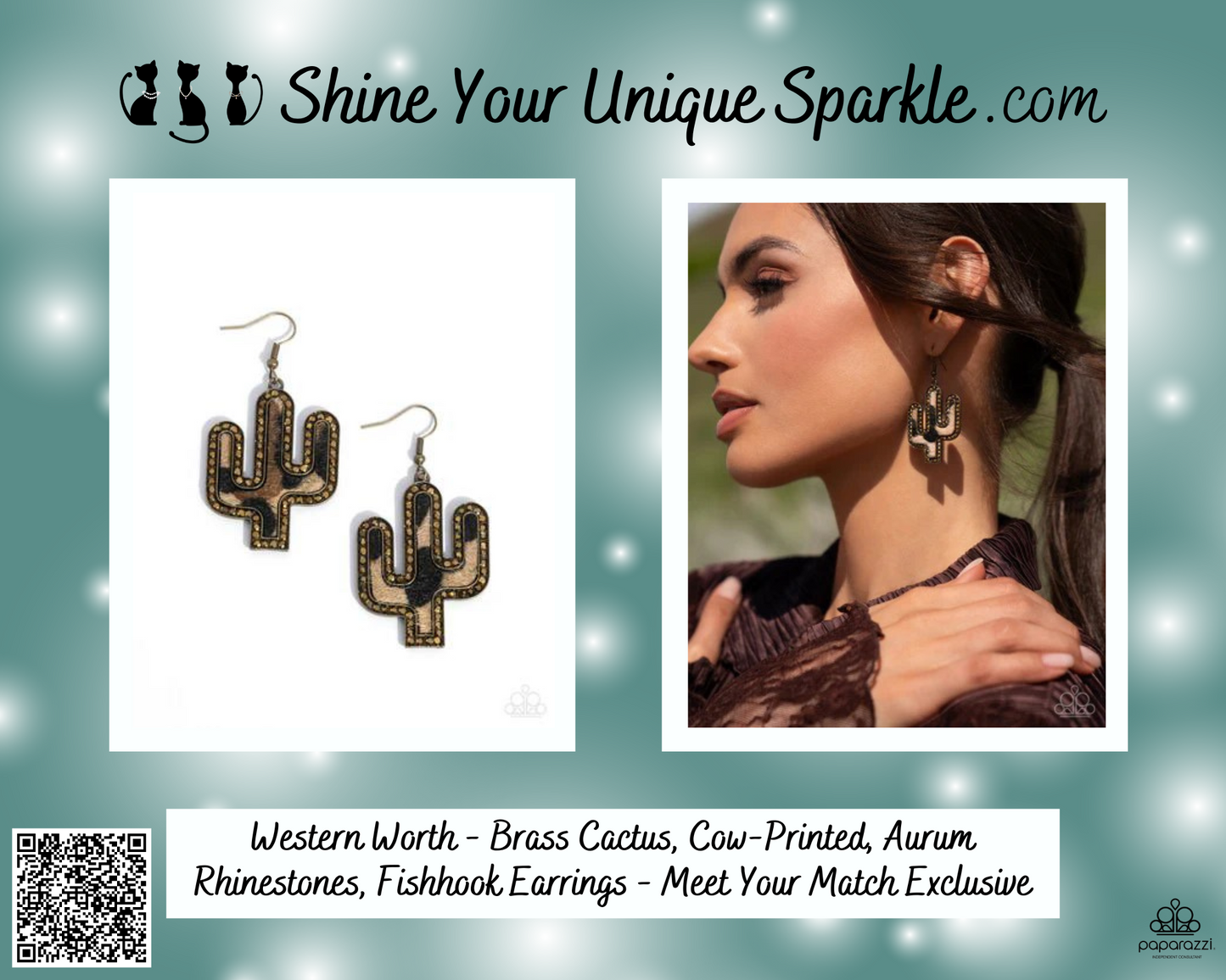 Western Worth - Brass Cactus, Cow-Printed, Aurum Rhinestones, Fishhook Earrings - Meet Your Match Exclusive