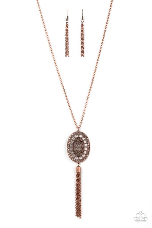 Whimsically Wistful - Copper Oval Tassel Long Necklace