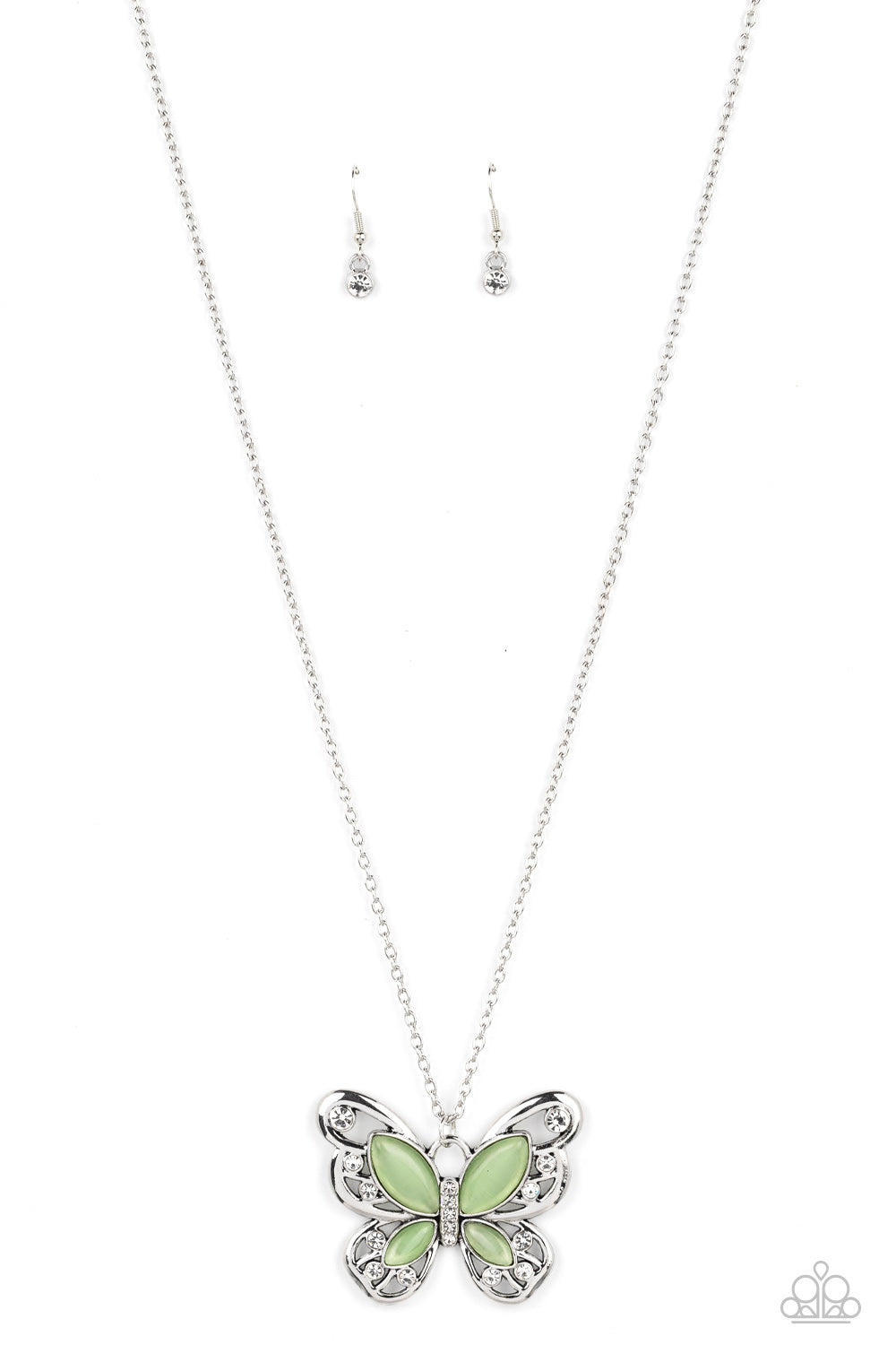 Whimsy Wings - Green Cat's Eye Silver Butterfly Long Silver Necklace