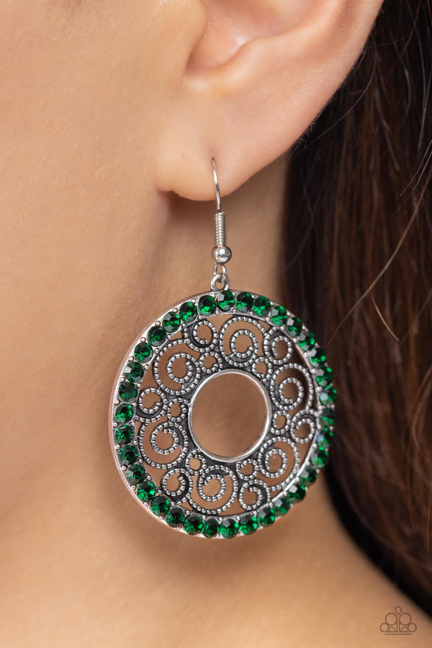 Whirly Whirlpool - Green Rhinestone Silver Fishhook Earrings