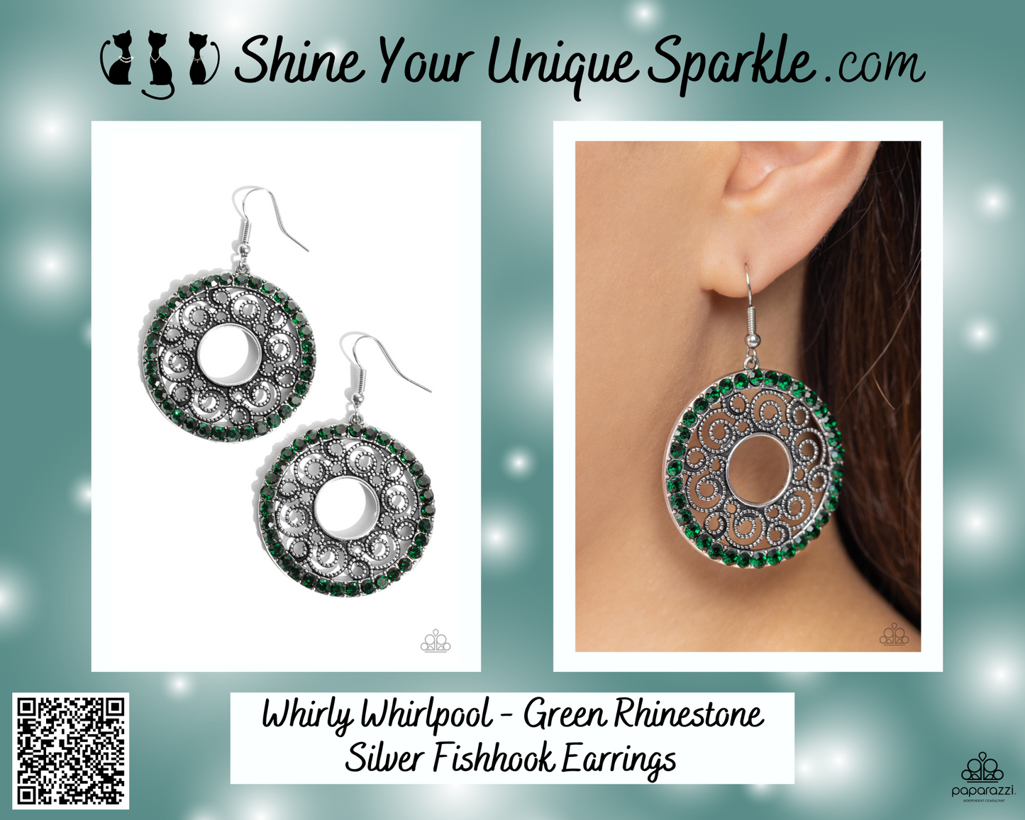 Whirly Whirlpool - Green Rhinestone Silver Fishhook Earrings