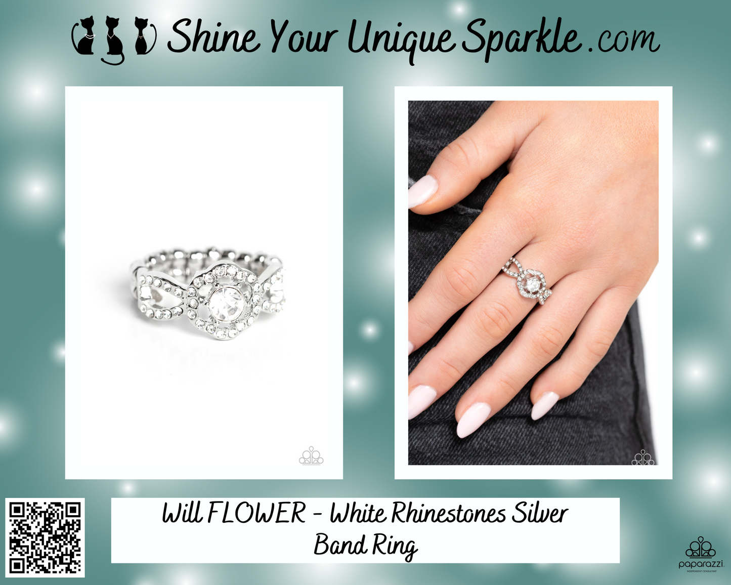 Will FLOWER - White Rhinestones Silver Ring
