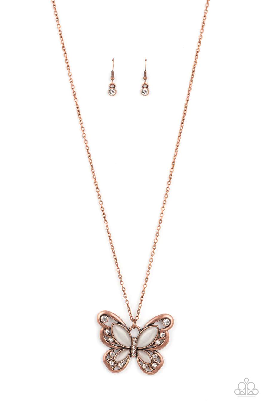 Wings Of Whimsy - Copper Butterfly White Cat's Eye Long Necklace
