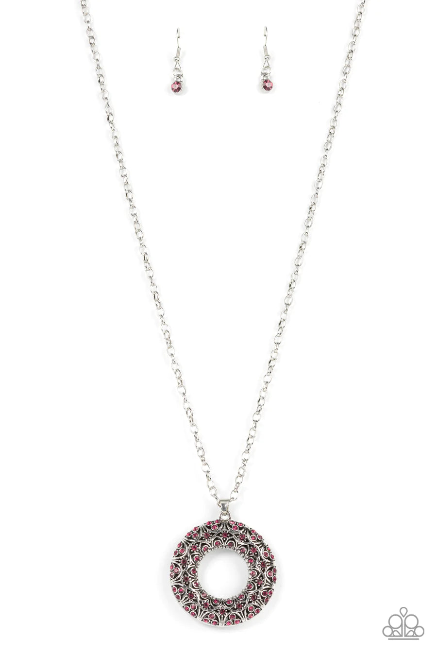 Wintry Wreath - Pink Rhinestone Pendant Silver Long Necklace