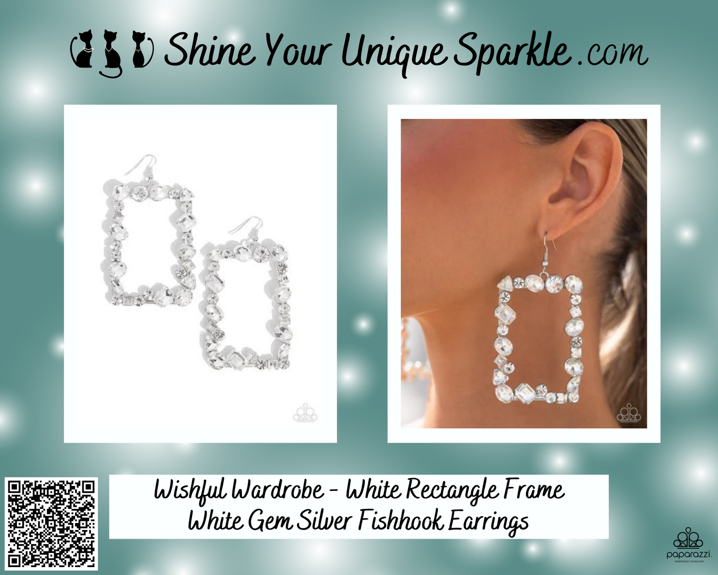 Wishful Wardrobe - White Rectangle Frame White Gem Silver Fishhook Earrings - 2024 Convention Exclusive