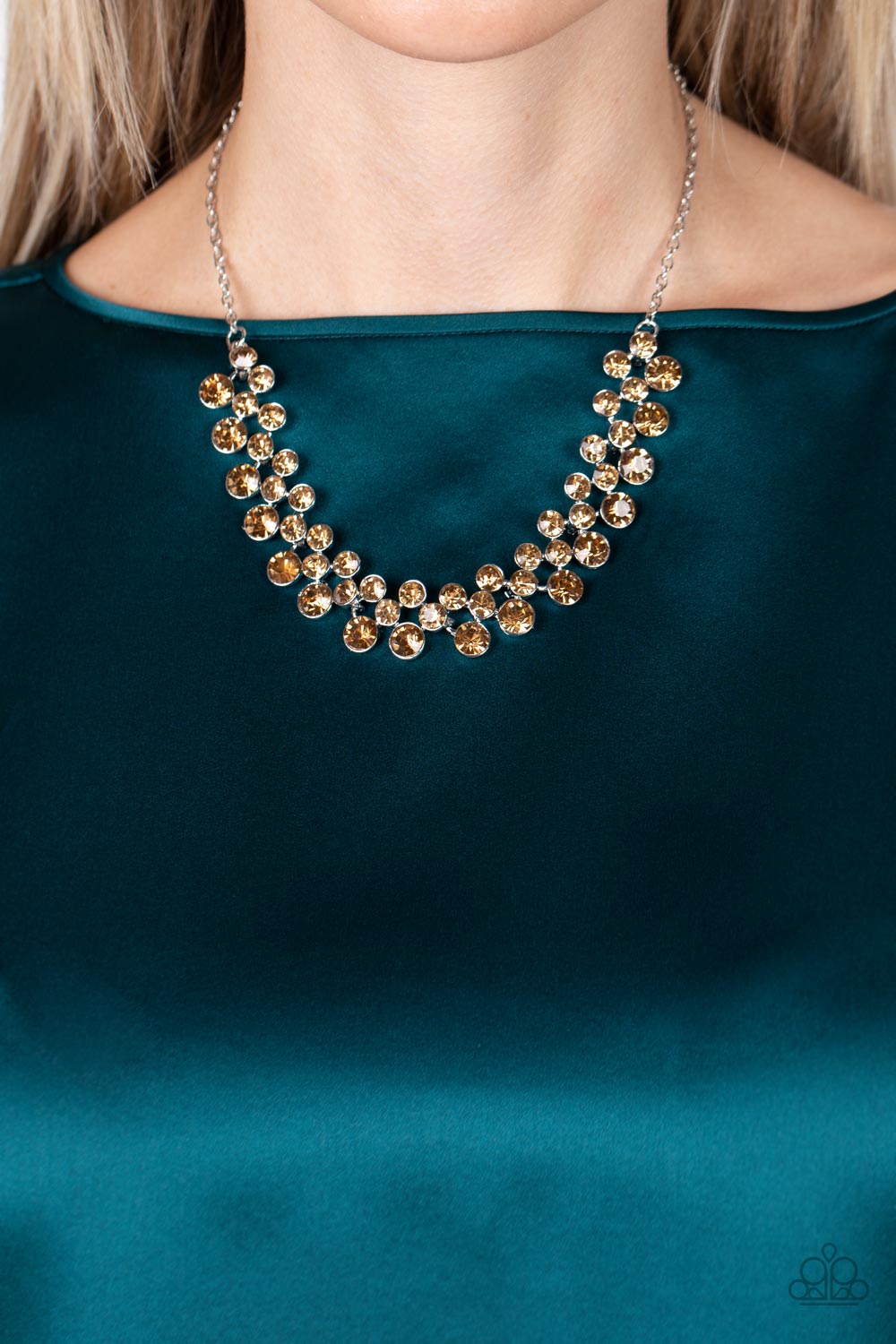 PERFECT MATCH / SET: Won The Lottery - Brown Rhinestone Silver Short Necklace AND Doubled Down Dazzle - Brown Rhinestone Silver Hinged Bracelet